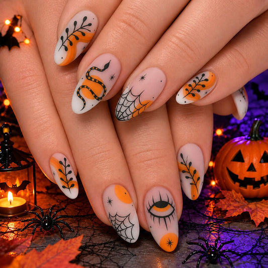 Halloween Inspired Short Oval Orange and Black Design Press On Nail Set