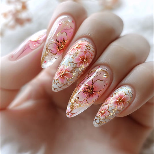 Cherry Blossom Dreamy Long Almond Pink Floral Press On Nail Set with Gold Accents