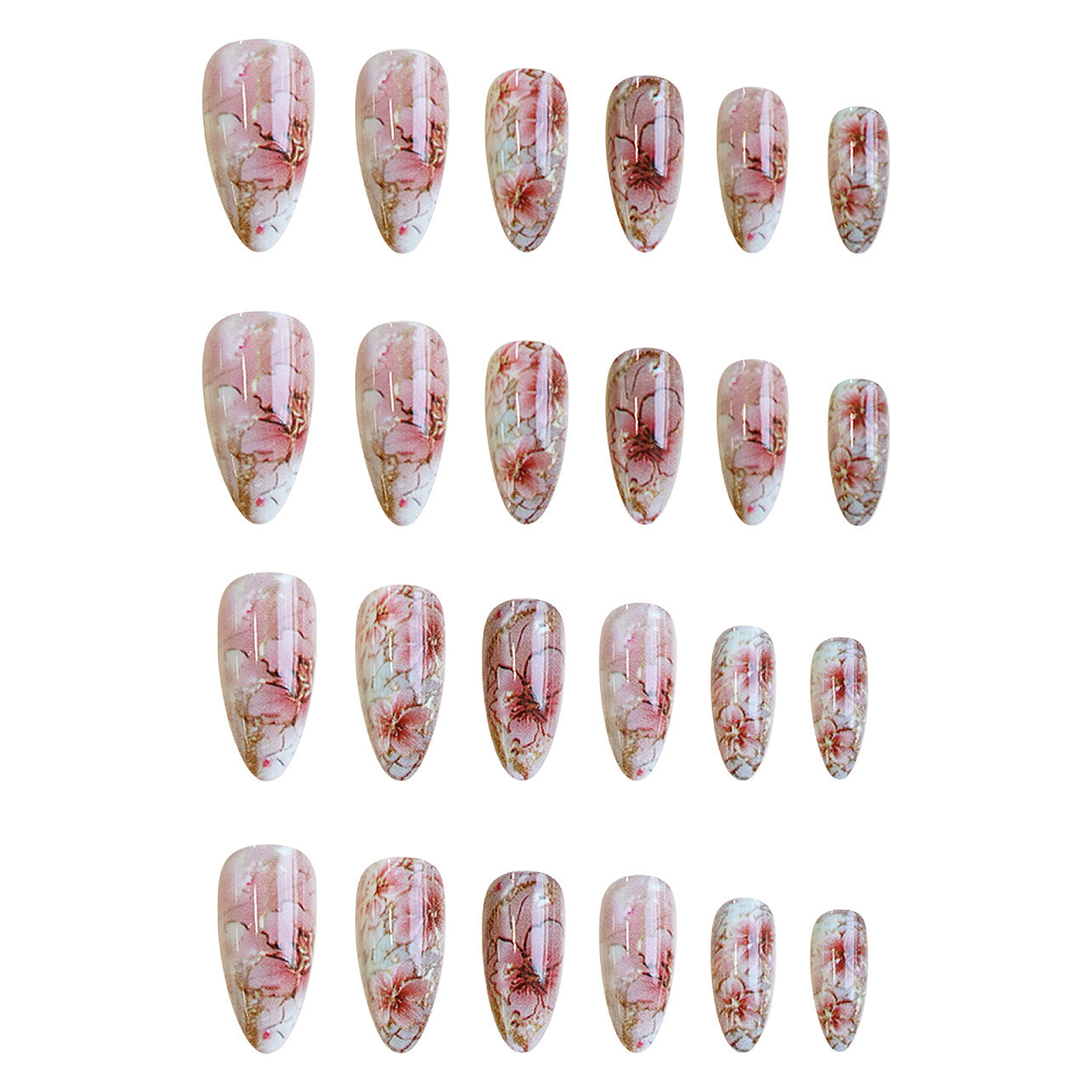 Blossom Dream Medium Almond Pink Floral Press On Nail Set with Elegant Artistic Design