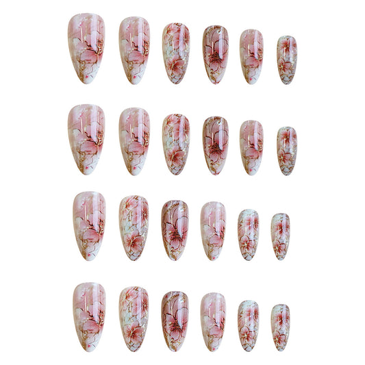 Blossom Dream Medium Almond Pink Floral Press On Nail Set with Elegant Artistic Design