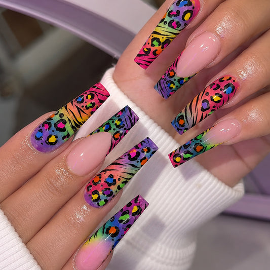 Wild Leopard Print Long Coffin Press On Nail Set with Gradient Colors