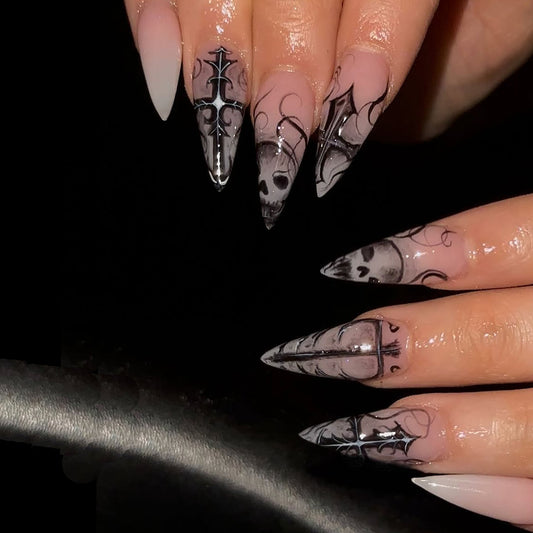 Gothic Glam Medium Stiletto Ombre Press On Nail Set with Intricate Skull Design