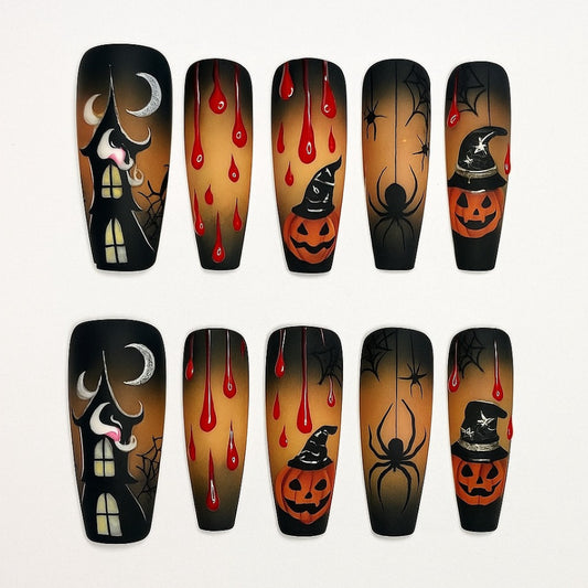 Spooktacular Long Coffin Black and Orange Halloween Press on Nail Set with Creepy Spiders and Dripping Blood Design