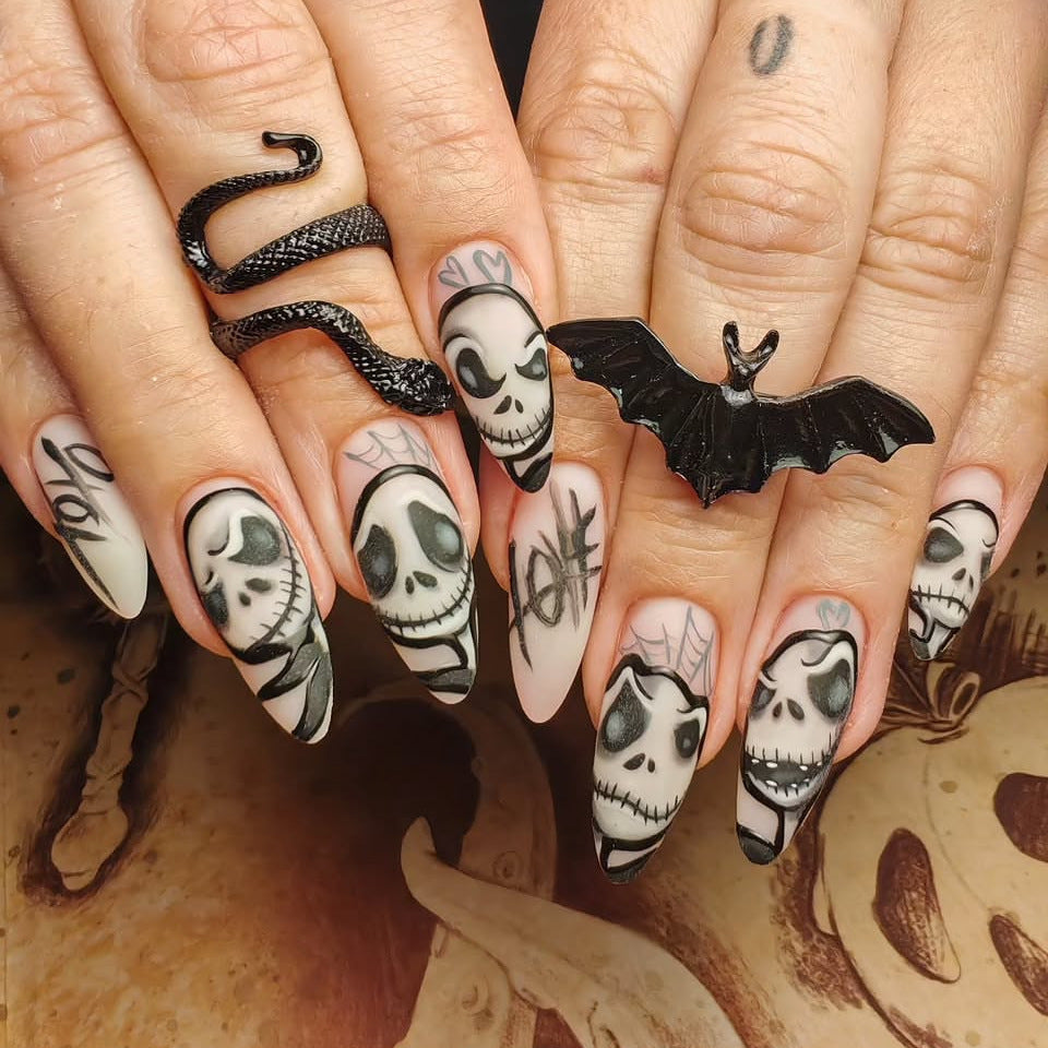 Gothic Elegance Medium Almond Black and White Skull Design Press On Nail Set