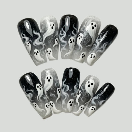 Ghostly Charm Long Coffin Black and White Gradient with Spooky Whispers Nail Set