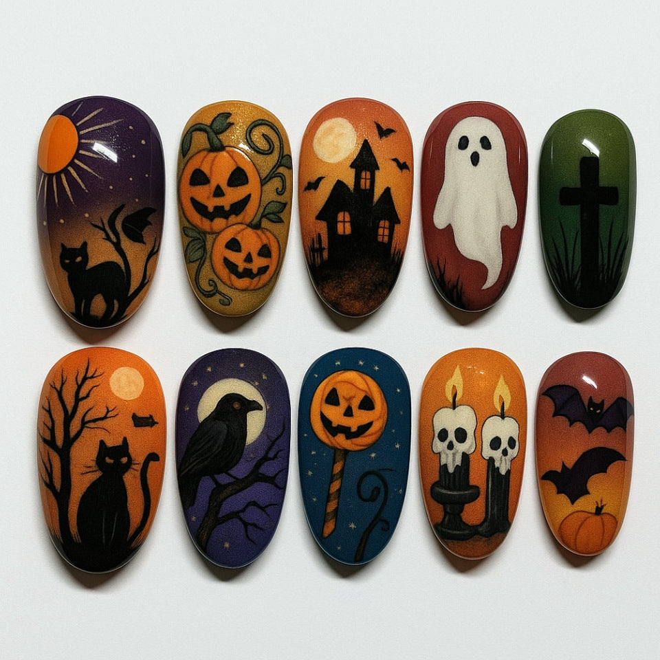 Spooktacular Medium Almond Orange Halloween Themed Press On Nail Set