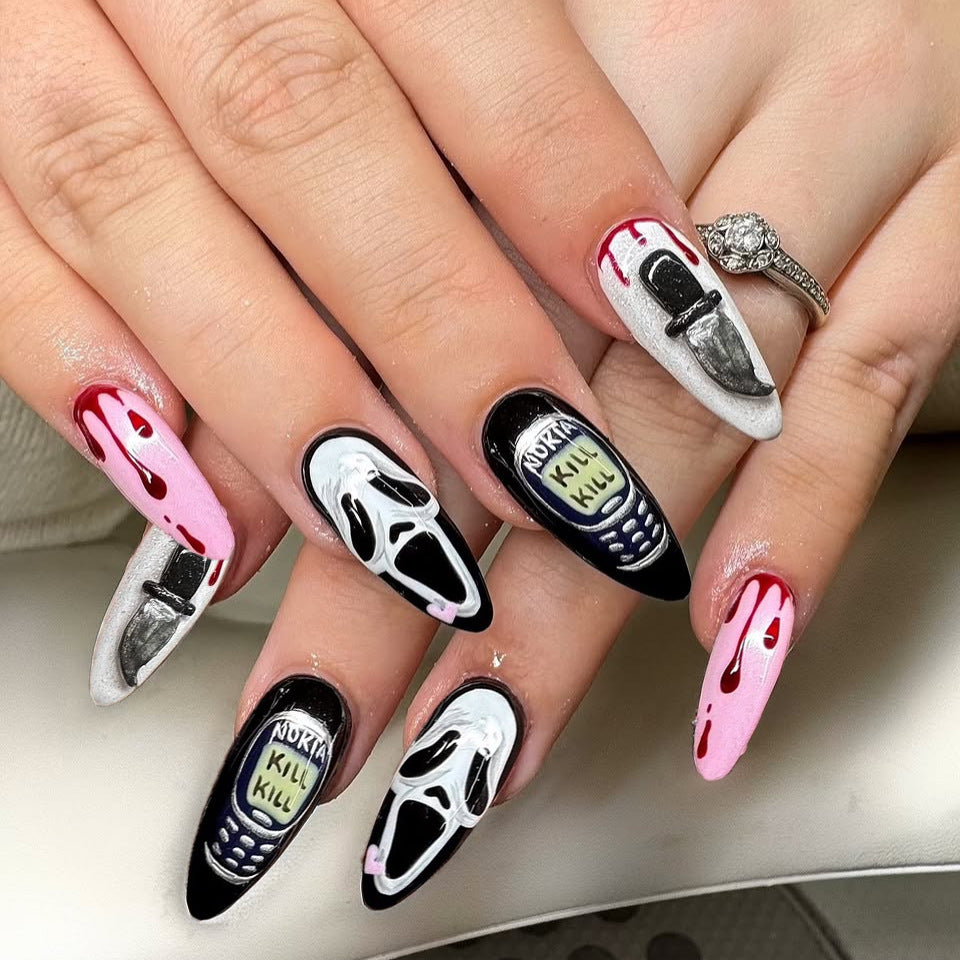 Spooky Theme Long Almond Black and Pink Dripping Horror Nail Set