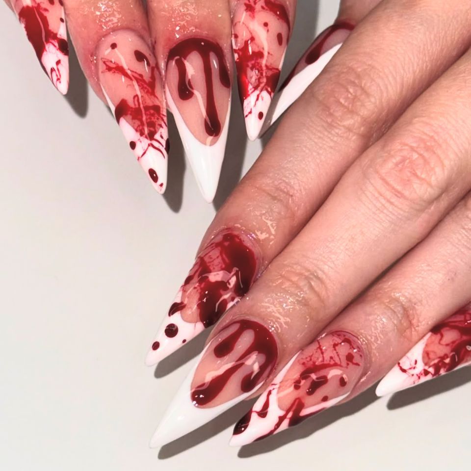Gothic Elegance Long Almond Red Drip Press On Nail Set