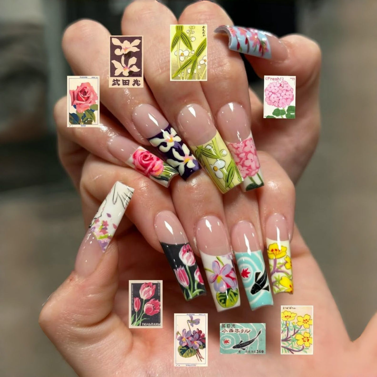 Floral Fantasy Long Square Multicolored Press-On Nail Set with Artistic Designs