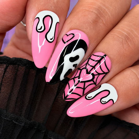 Spooky Charm Medium Almond Pink Press On Nail Set with Dripping Design