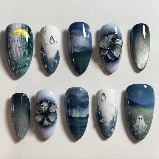 Spooky Forest Medium Almond Deep Green and Mysterious Ghost Design Press On Nail Set