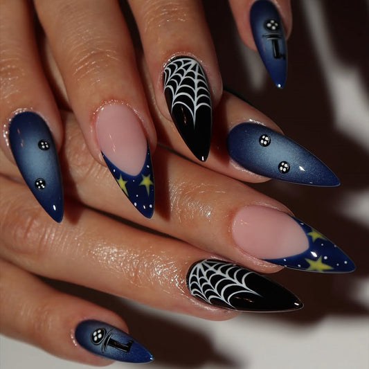 Spooky Night Medium Almond Navy Gradient with Spiderweb Design Press On Nail Set