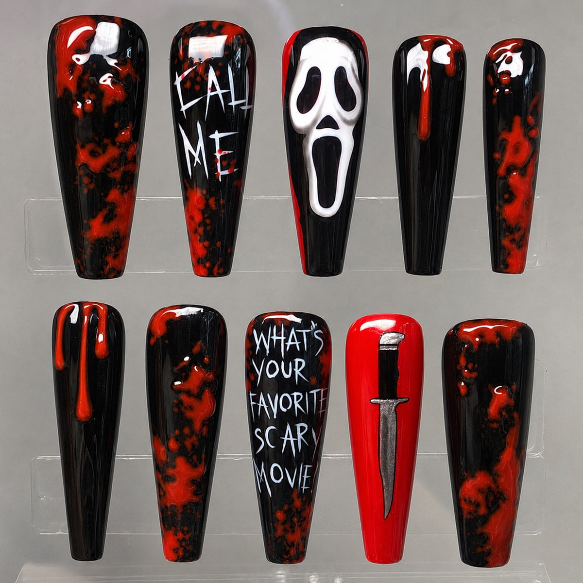 Spooktacular Long Coffin Red and Black Horror Theme Press On Nail Set