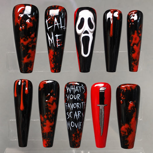 Spooktacular Long Coffin Red and Black Horror Theme Press On Nail Set