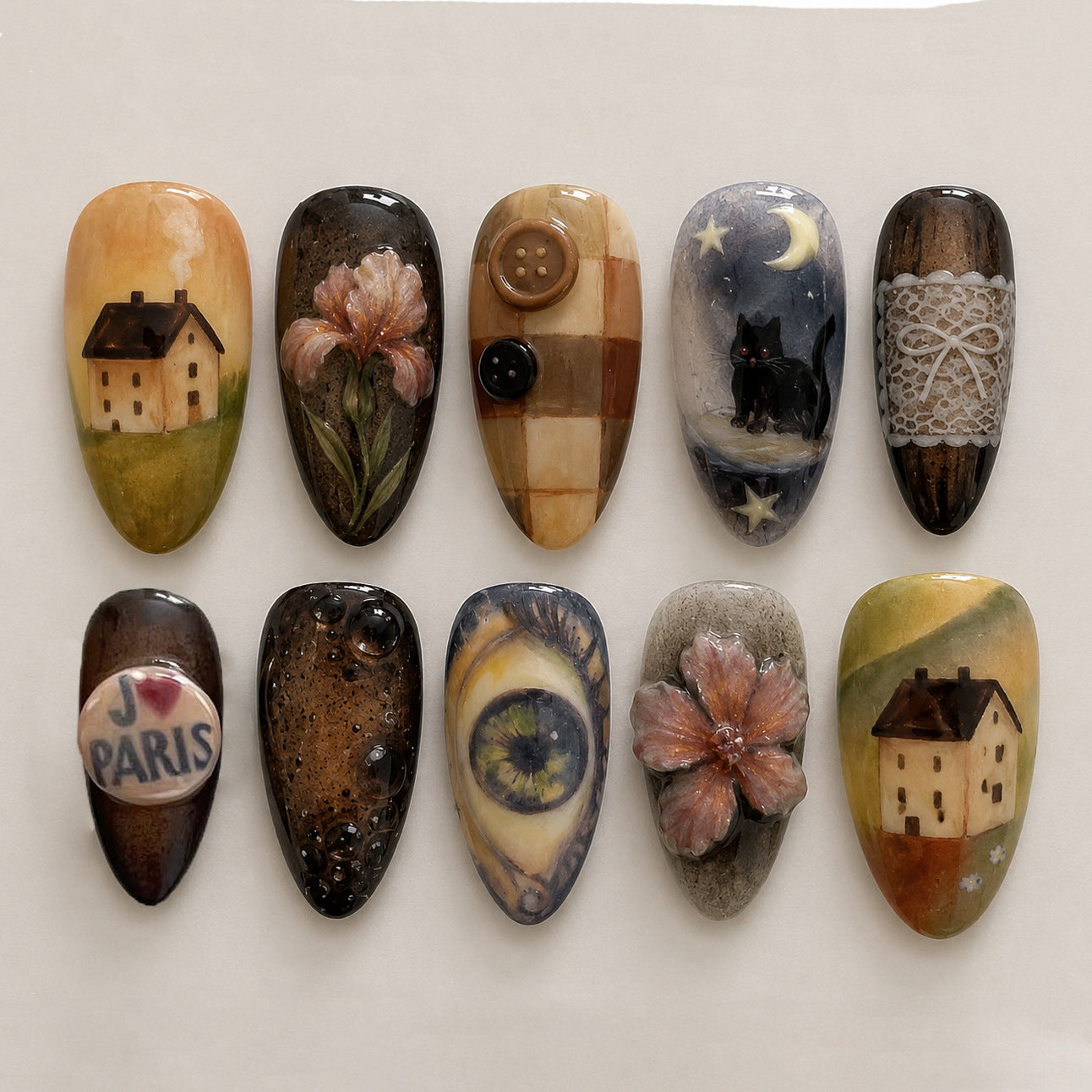 Whimsical Artistry Medium Almond Multicolored Unique Designs Press On Nail Set