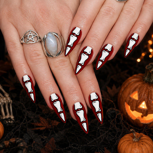 Spooky Stiletto Medium Red and White Bone Art Press On Nail Set