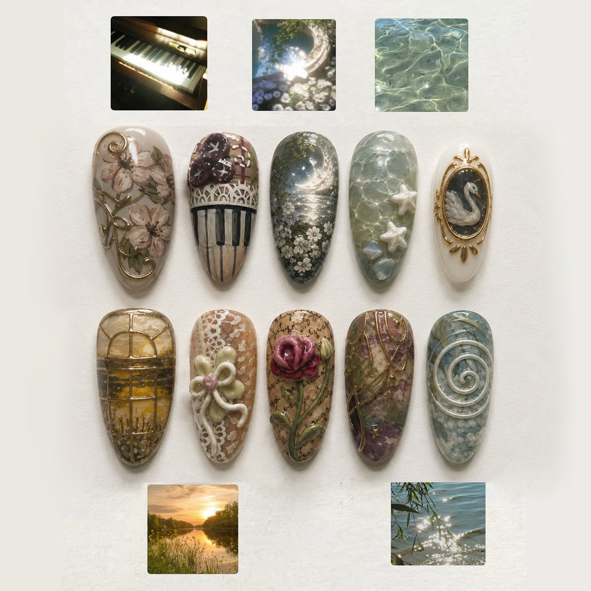 Ethereal Elegance Medium Almond Swirling Ocean Inspired Press On Nail Set