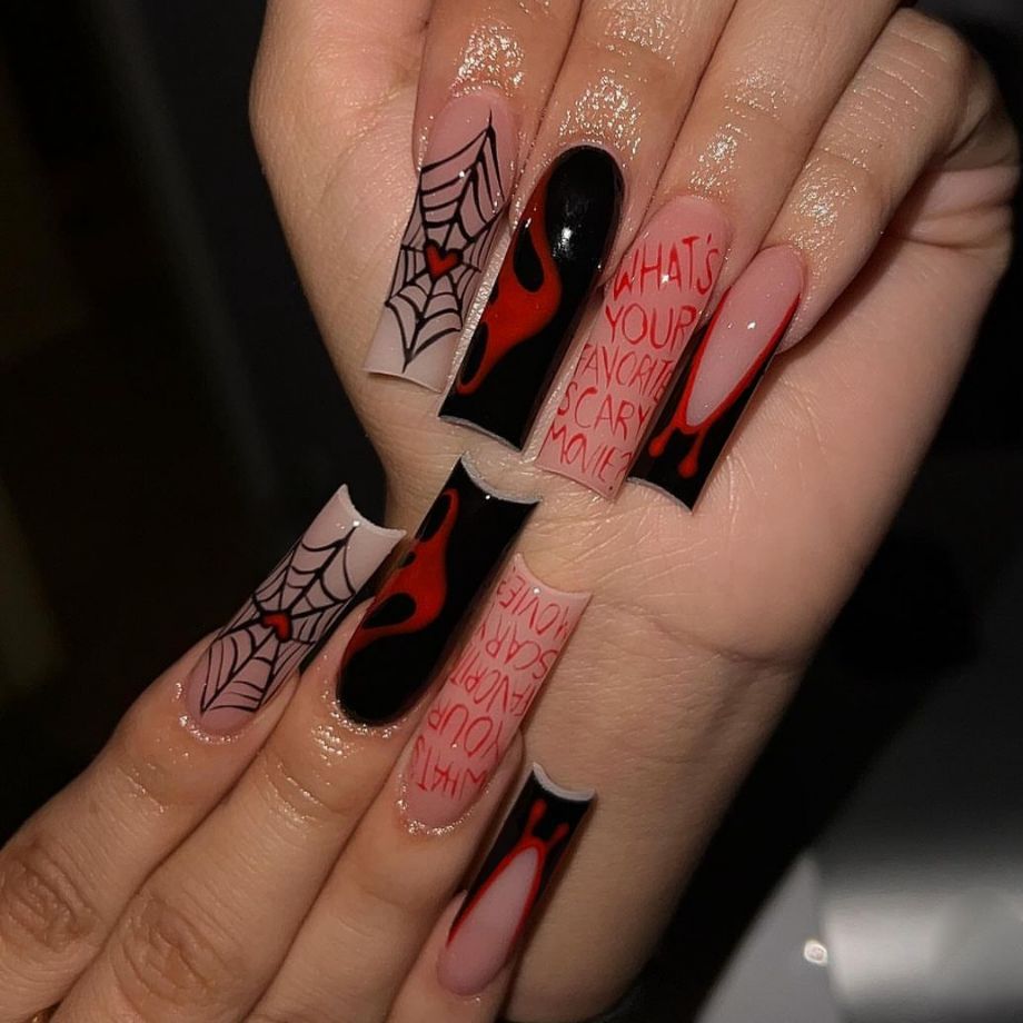 Spooky Glam Long Square Black and Red Webbed Design Press On Nail Set