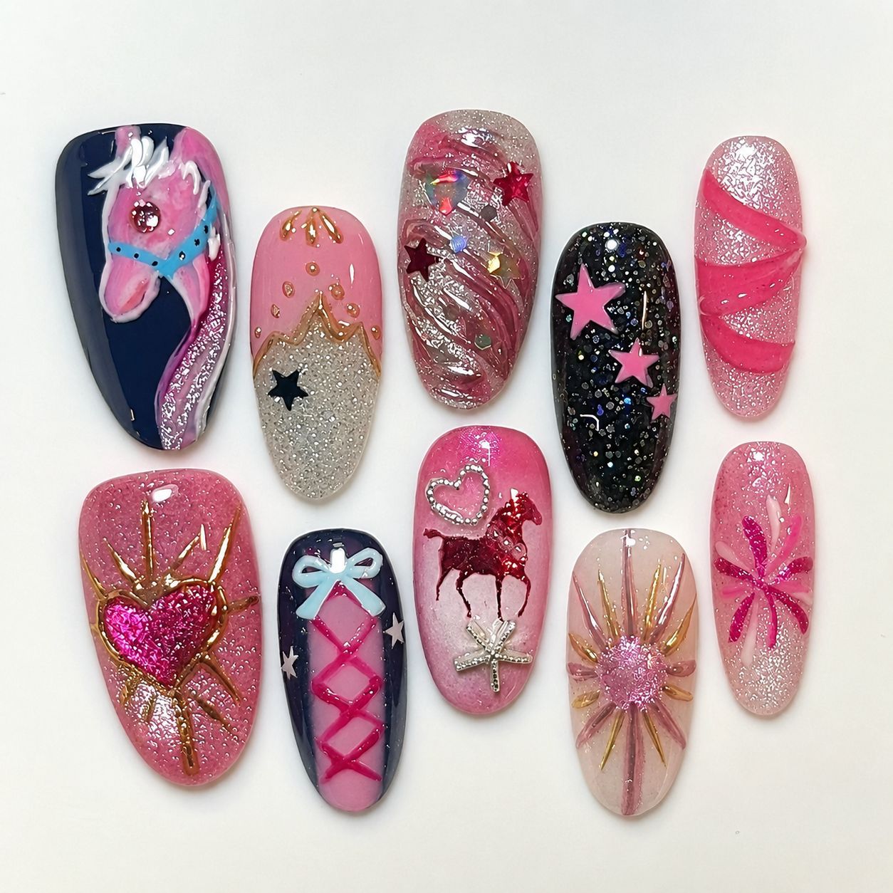 Whimsical Magic Medium Almond Pink Glitter Press On Nail Set with Unique Horse Design