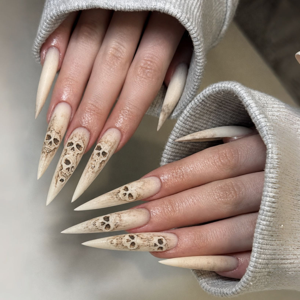 Spooky Skull Long Almond Beige Press On Nail Set