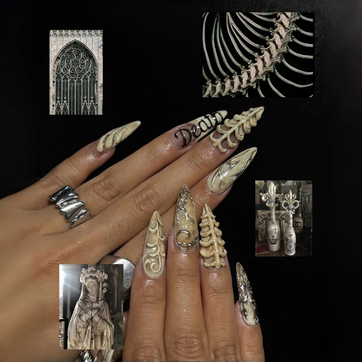 Gothic Elegance Long Almond Ivory Press on Nail Set with Unique Sculptural Details