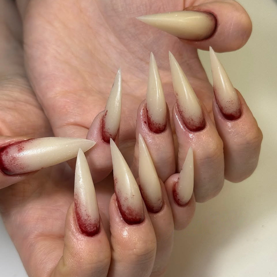 Gothic Elegance Long Stiletto Almond Nails in Cream and Burgundy Ombre