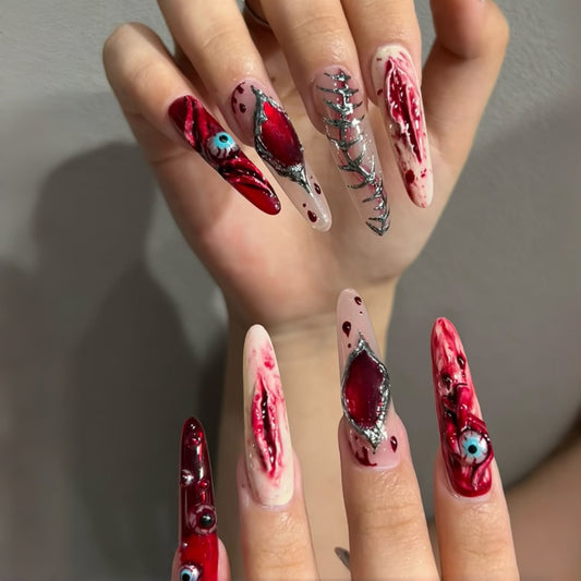 Hauntingly Beautiful Long Almond Red Blood Splatter Press On Nail Set