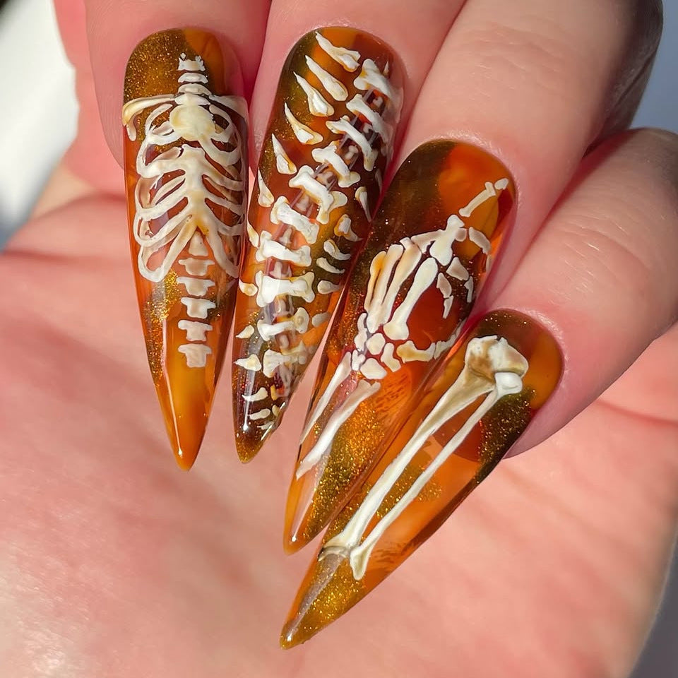 Spooky Skeleton Long Almond Orange Press on Nail Set with Unique Bone Design