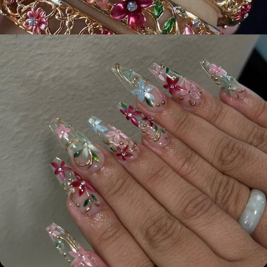 Floral Opulence Long Coffin Pink and Green Floral Design Press On Nail Set