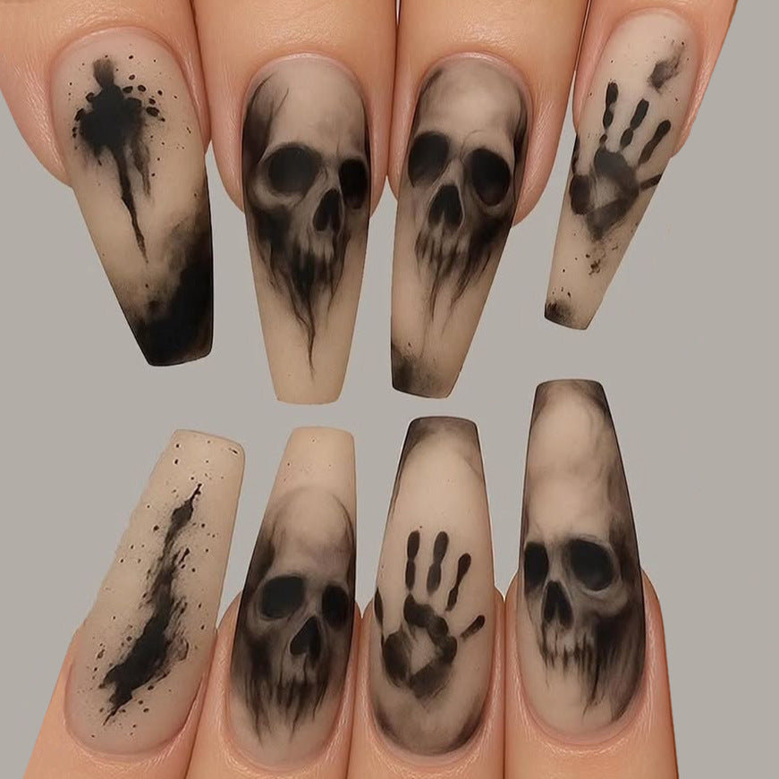 Spooky Themed Long Coffin Black and Grey Skull Press on Nail Set