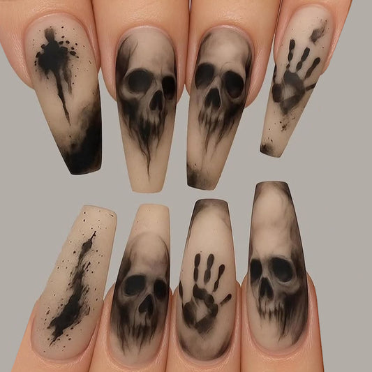 Spooky Themed Long Coffin Black and Grey Skull Press on Nail Set