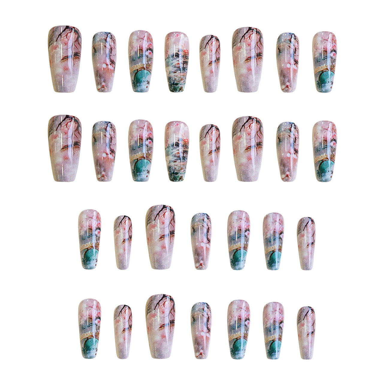 Blossom Dream Press On Nail Set Long Coffin Pink and Blue Artistic Design