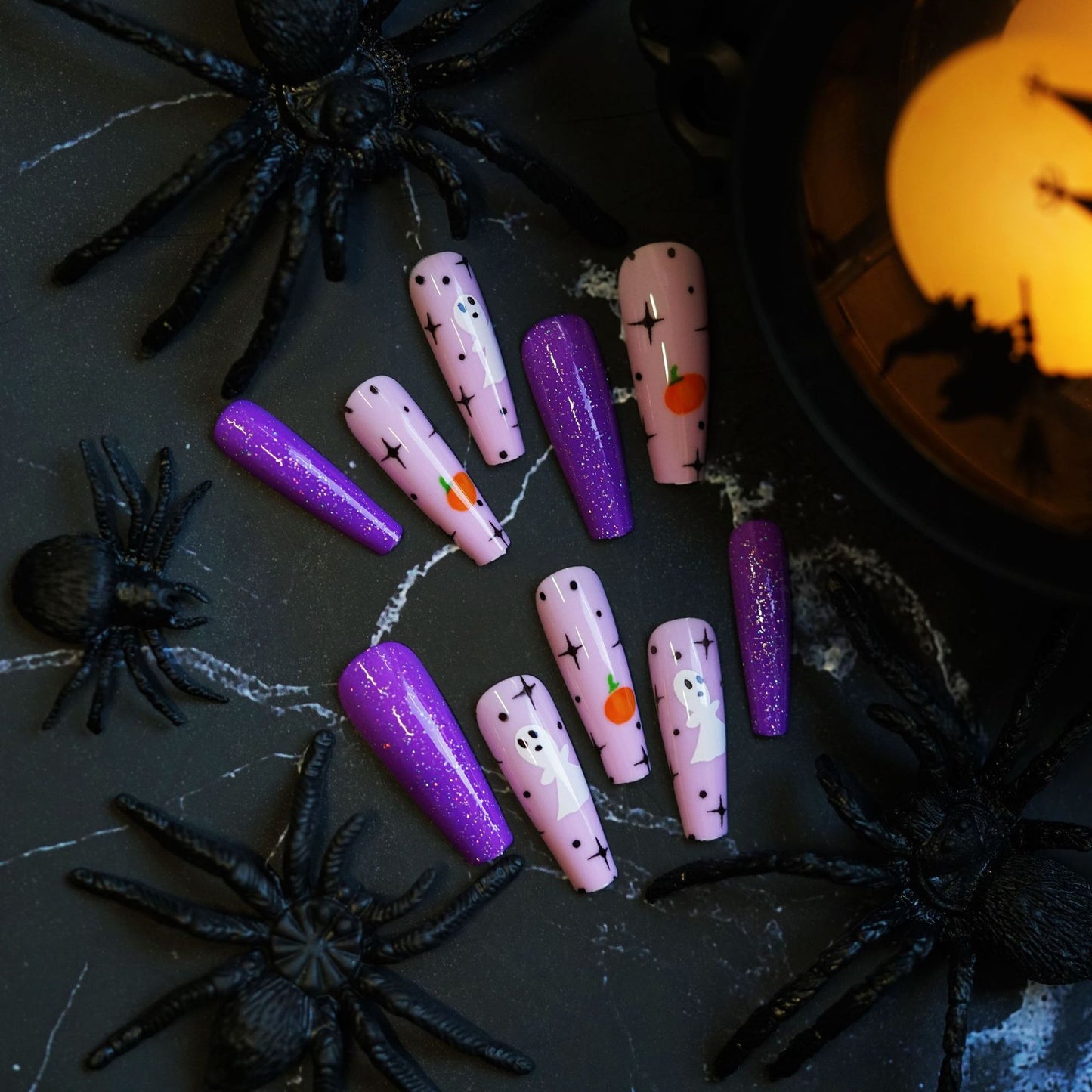 Spooky Elegance Long Coffin Lavender and Pink Halloween-Themed Press On Nail Set with Ghost Design and Glitter Accents
