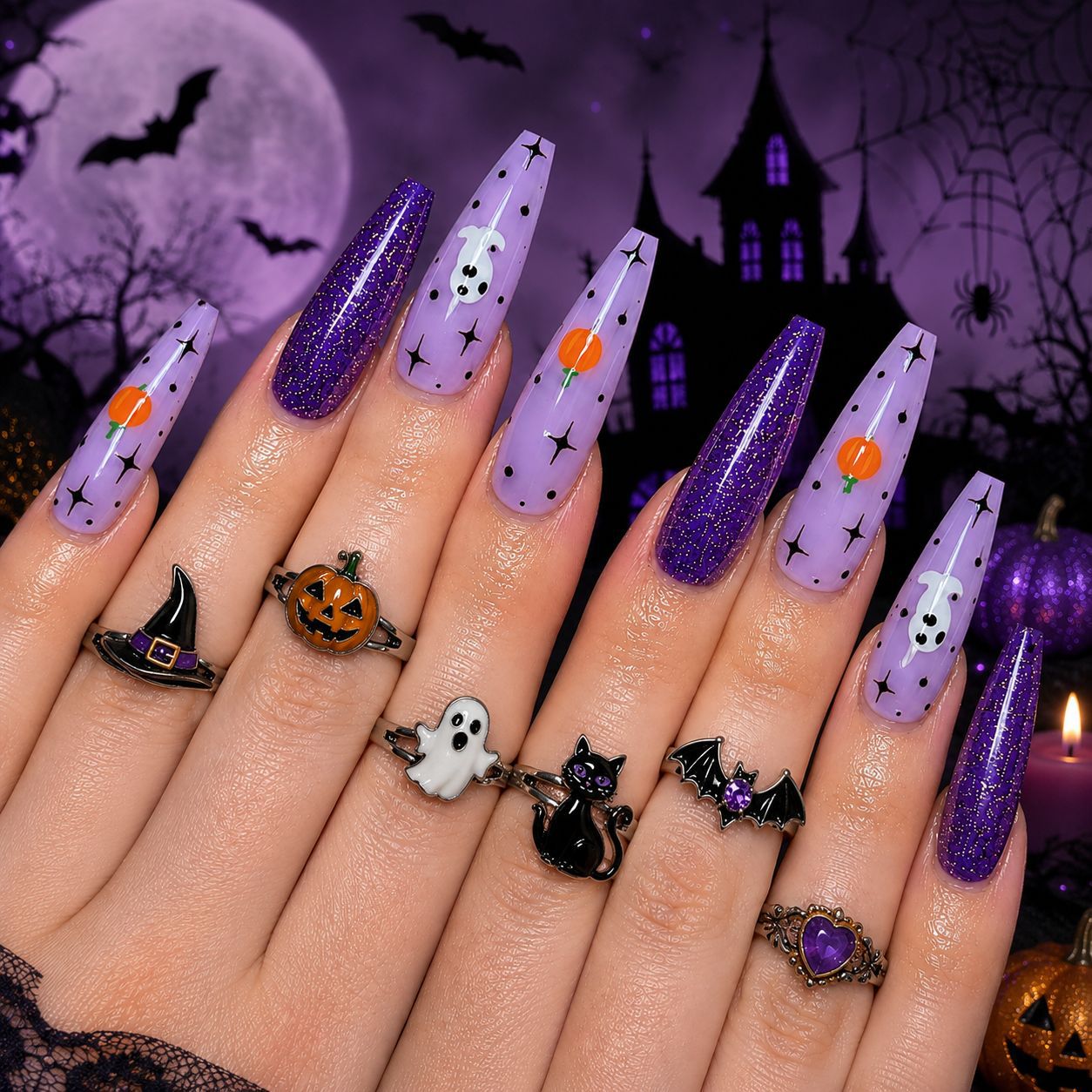 Haunted Halloween Long Coffin Purple Glimmering Nails with Spooky Design