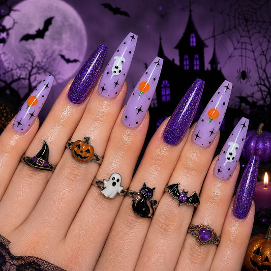 Haunted Halloween Long Coffin Purple Glimmering Nails with Spooky Design