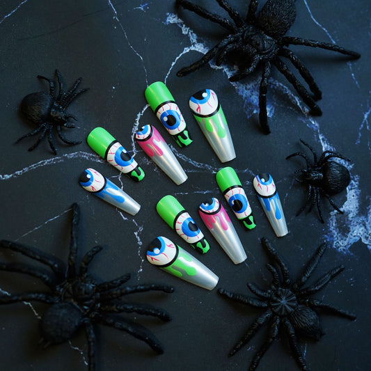 Spooky Eye Delight Long Coffin Green and Silver Press On Nail Set with Blood Drip Accent
