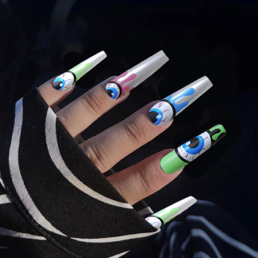 Eye-Catching Anime-Inspired Long Coffin Multicolor Press On Nail Set with Unique Eye Designs