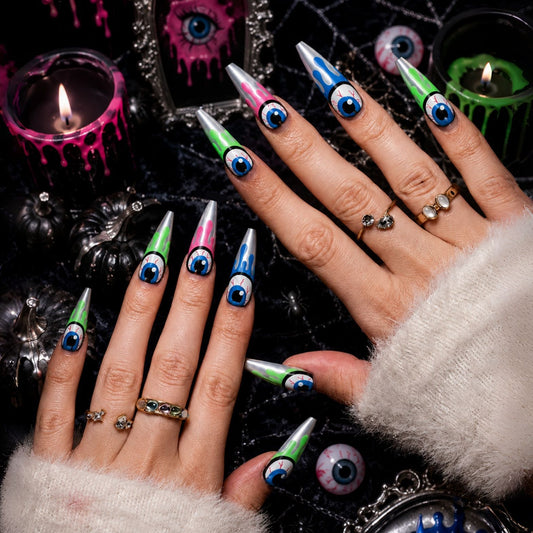 Mystical Eye Medium Almond Green and Pink Drip Nail Set