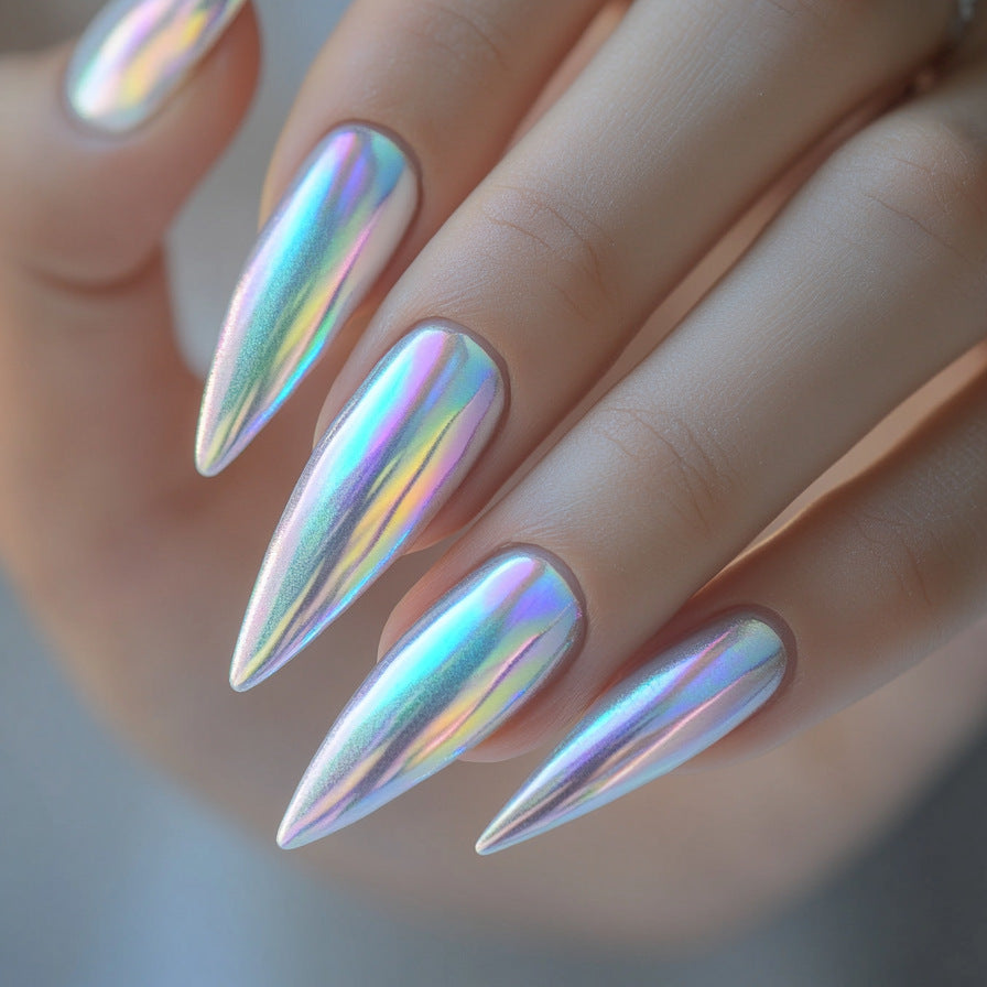 Celestial Dreams Long Stiletto Sharp Iridescent Nail Set with Shimmering Holographic Finish