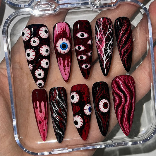 Gothic Eyeball Art Medium Almond Red and Black Unique Design Press On Nail Set