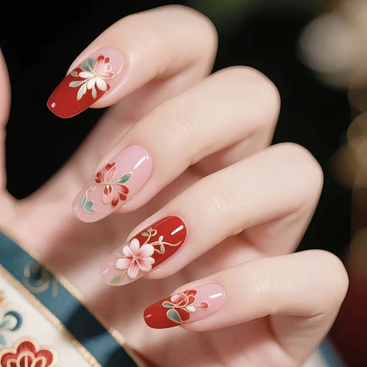 Blooming Elegance Short Oval Shaped Pink and Red Floral Design Press On Nail Set