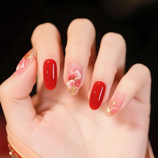 Blossom Elegance Medium Oval Red Press on Nail Set with Floral Accents