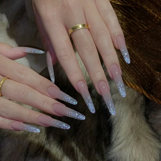 Stardust Charm Extra Long Almond Pale Pink Press On Nails with Glitter Ombre Finish
