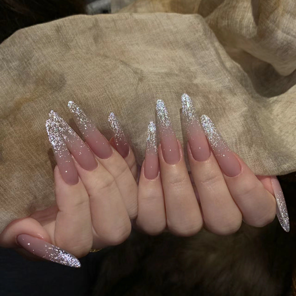 Stargazer Glamour Extra Long Almond Beige Press On Nails with Sparkling Glitter Tips