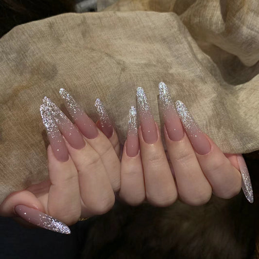 Stargazer Glamour Extra Long Almond Beige Press On Nails with Sparkling Glitter Tips