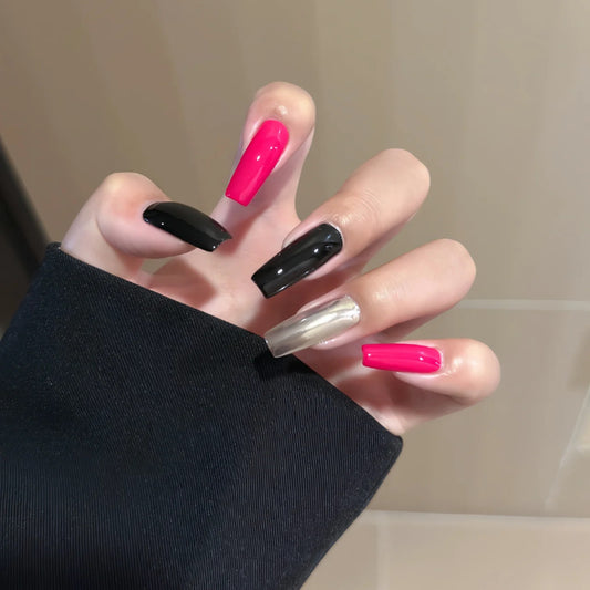Chic Contrast Long Coffin Pink, Black, and Silver Press On Nail Set