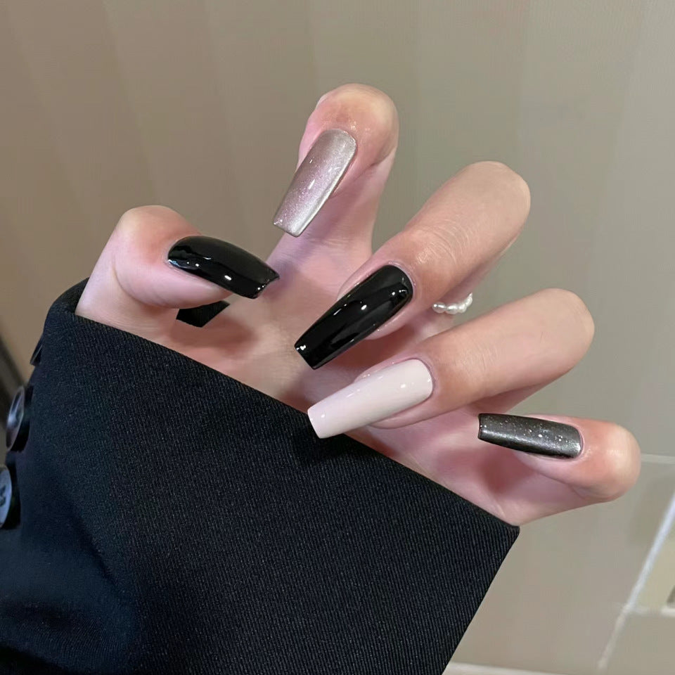 Modern Elegance Long Coffin Black, Beige, and Glitter Silver Press On Nail Set