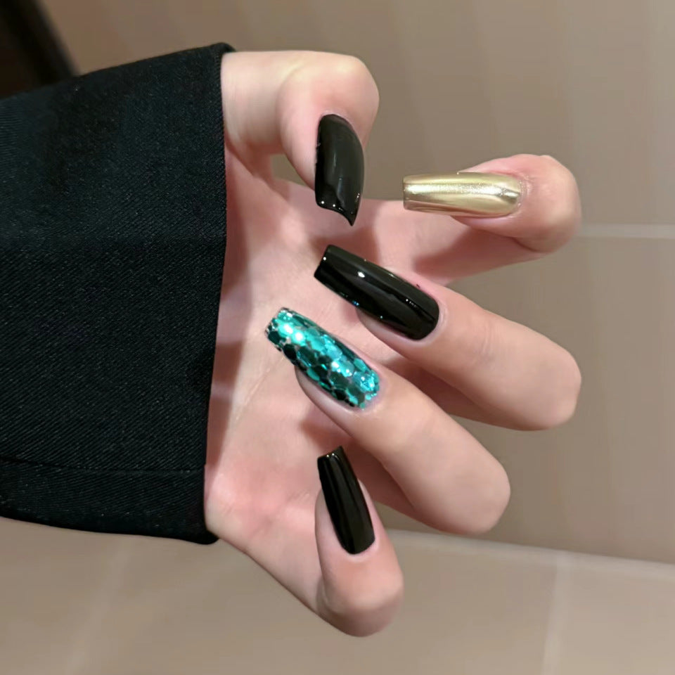 Mystic Nights Long Coffin Black and Gold Press On Nail Set with Teal Glitter Accent
