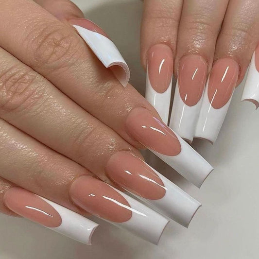 Glamorous French Tip Long Square Press On Nail Set in Clear Pink and Elegant White with Trendy Half Moon Design