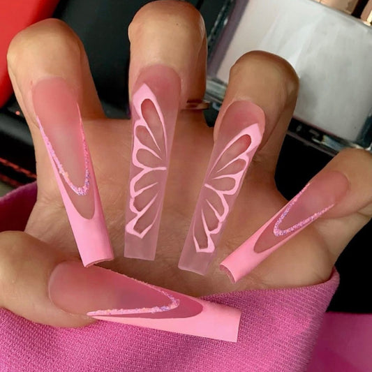 Butterfly Dream Long Coffin Pink Press On Nail Set with Intricate Cutout Design and Glitter Accents
